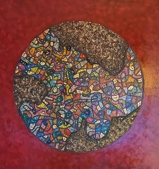 Bild: farbiges Mosaik in einem Kreis auf rotem Grund, mit Strukturflächen
